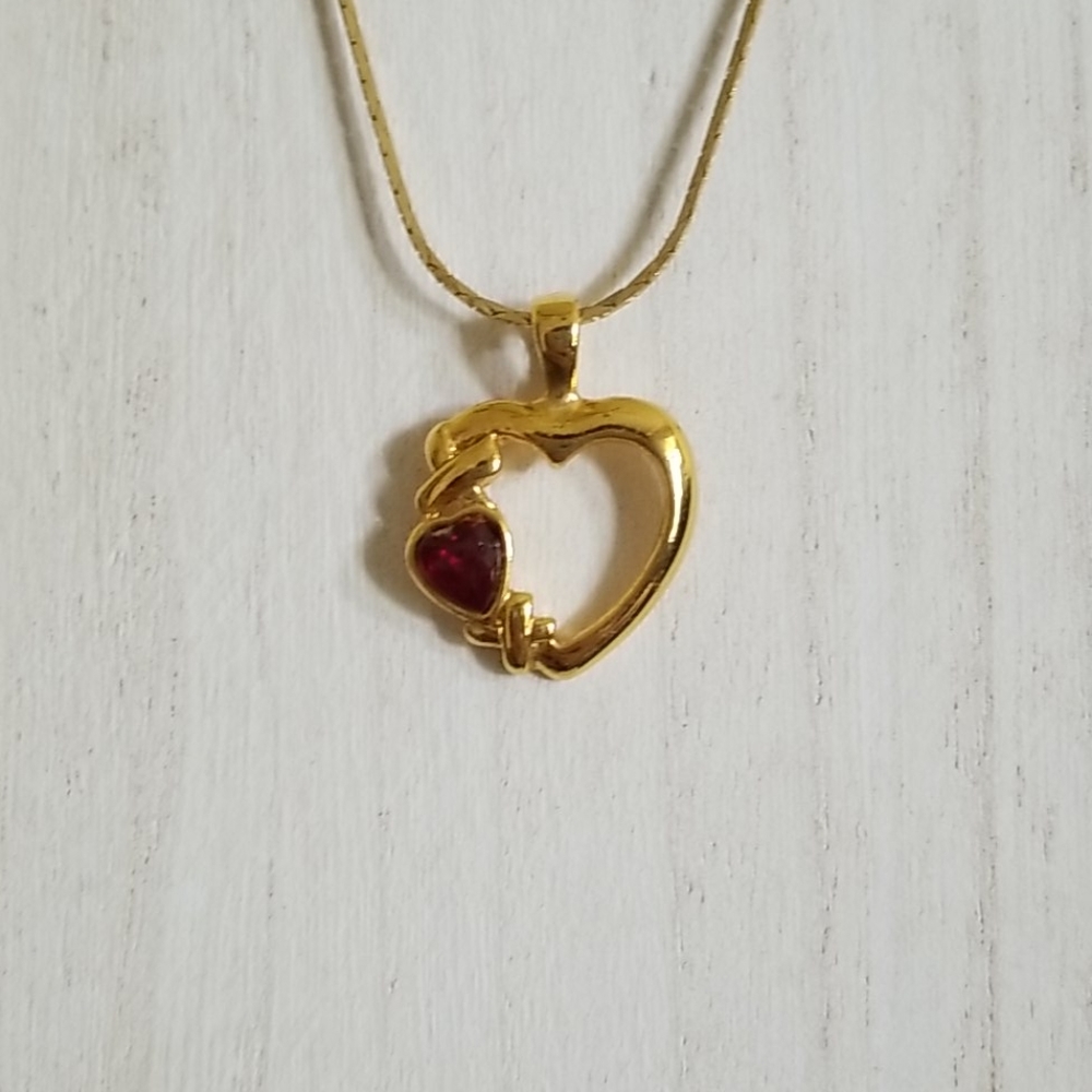 Gold Tone Faux Garnet January Birthstone Heart Necklace